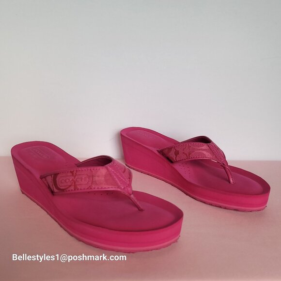 COACH Jaicee Wedge Platform Sandals in Signature Fabric-Fuchsia color.Size 9.5B⭐ - Picture 5 of 16